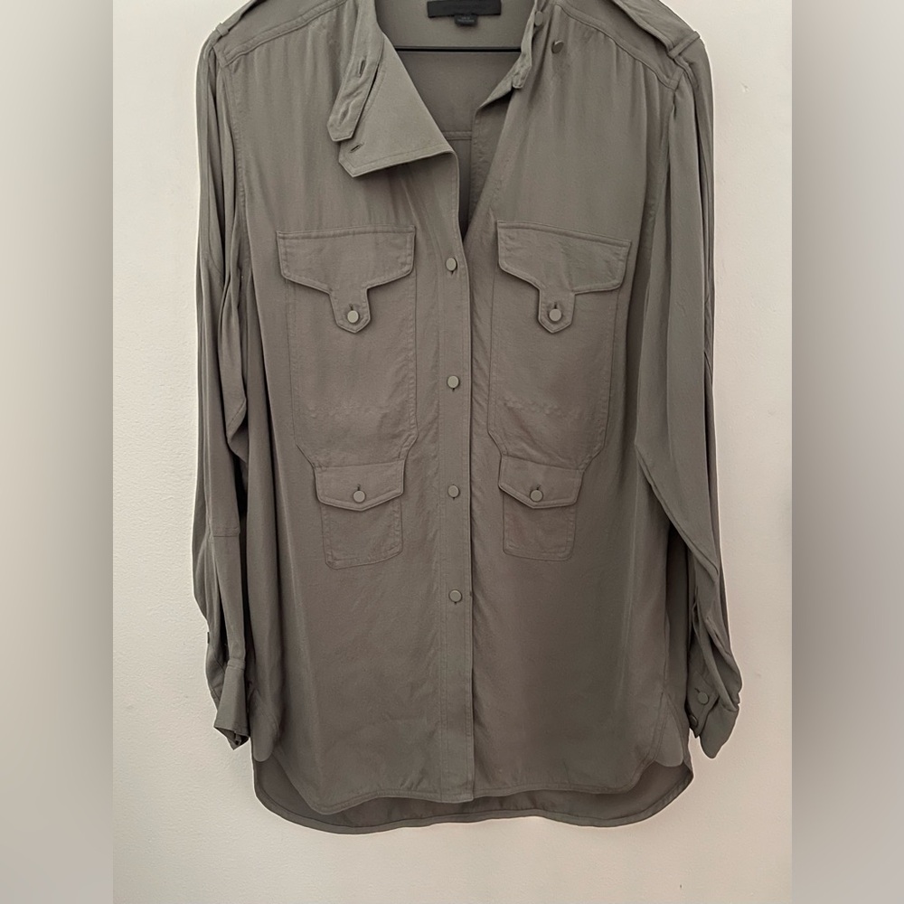 Alexander Wang 100% Silk Button Up Shirt / Tunic In Army /Olive Green Size 10 - Picture 4 of 16